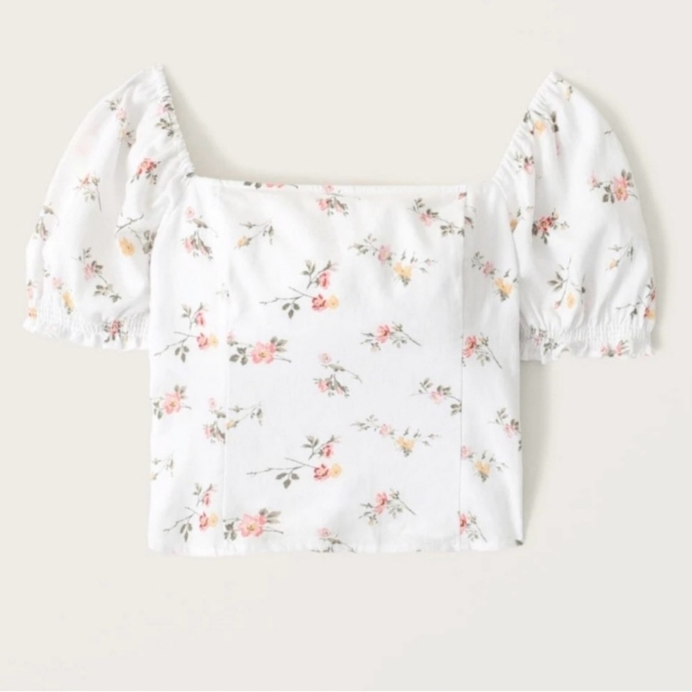 Abercrombie & Fitch Women's Floral Puff Sleeve Crop Top, White, Size Small